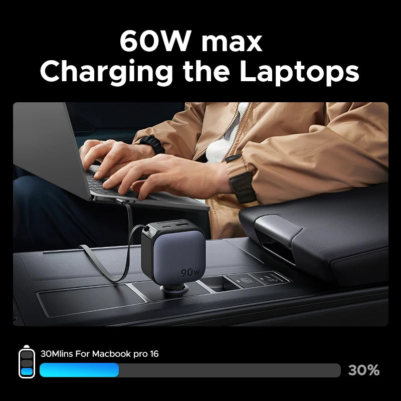 A person is using a 60W laptop charger to power a laptop, with a battery level indicator showing 30%.