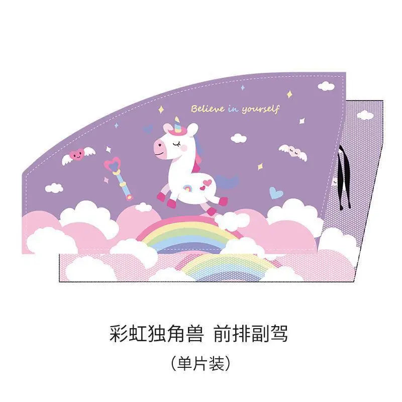 A purple illustration featuring a white unicorn and clouds with the text Believe in yourself.