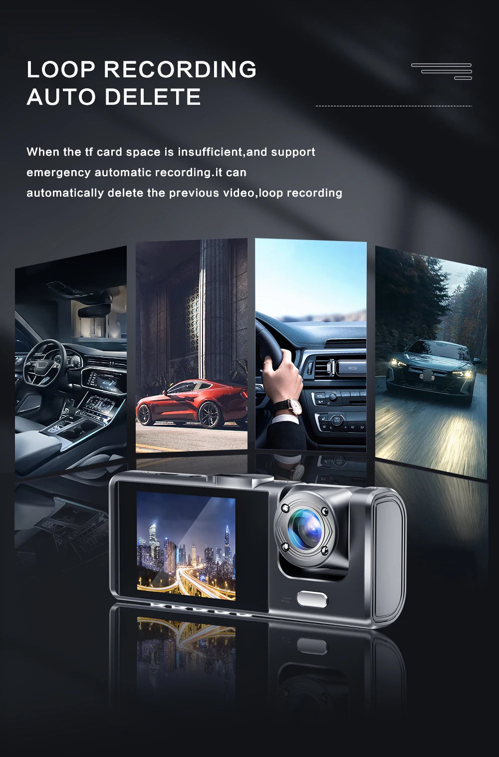 A silver dual-lens dash cam is shown with various car interior and exterior shots, illustrating loop recording features.
