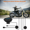 A motorcycle rider wearing a helmet is shown next to a wireless Bluetooth headset and charging cables.