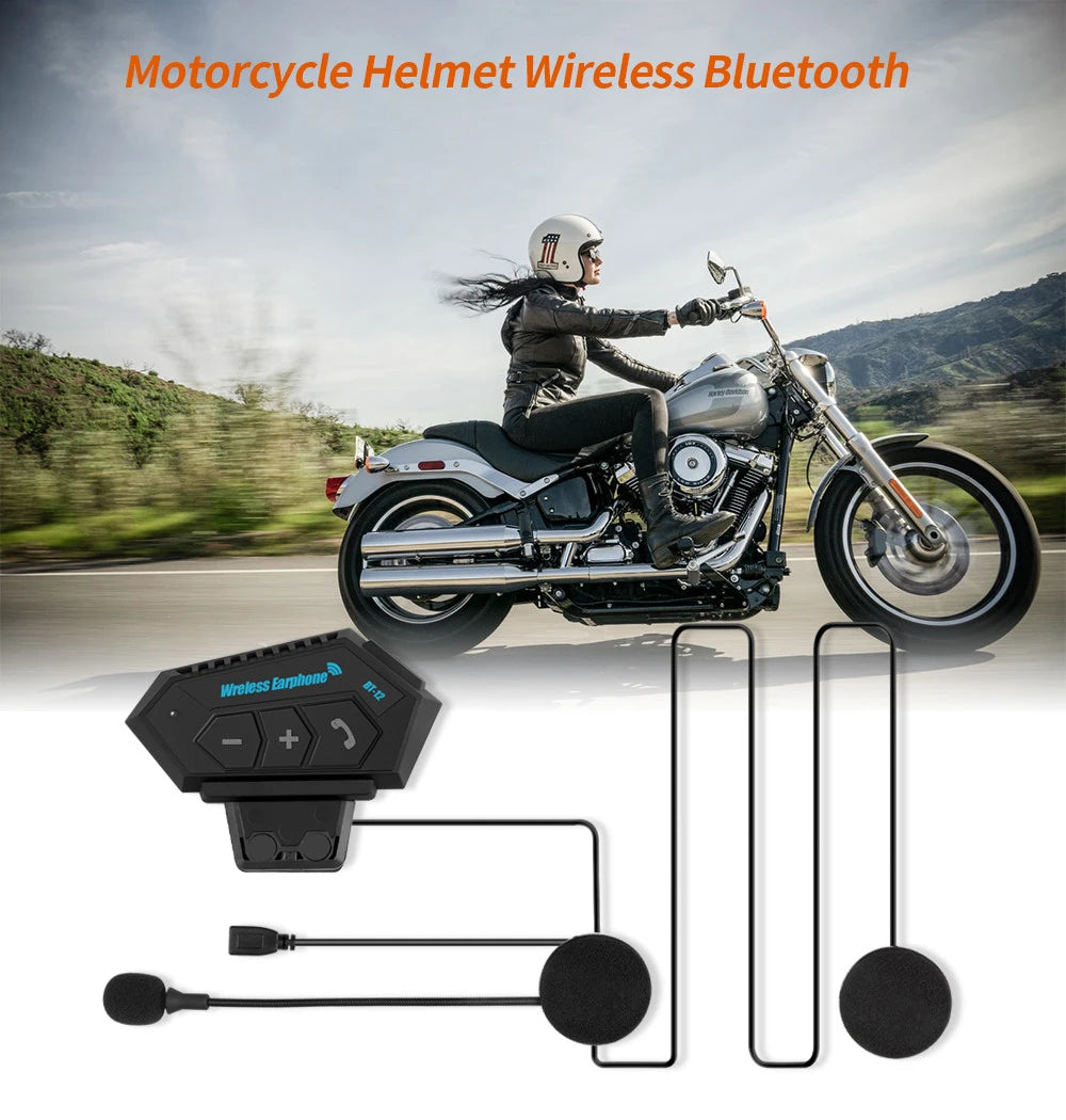 A motorcycle rider wearing a helmet is shown next to a wireless Bluetooth headset and charging cables.