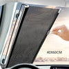 A hand is adjusting a black mesh retractable car windshield sun shade in a vehicle interior.