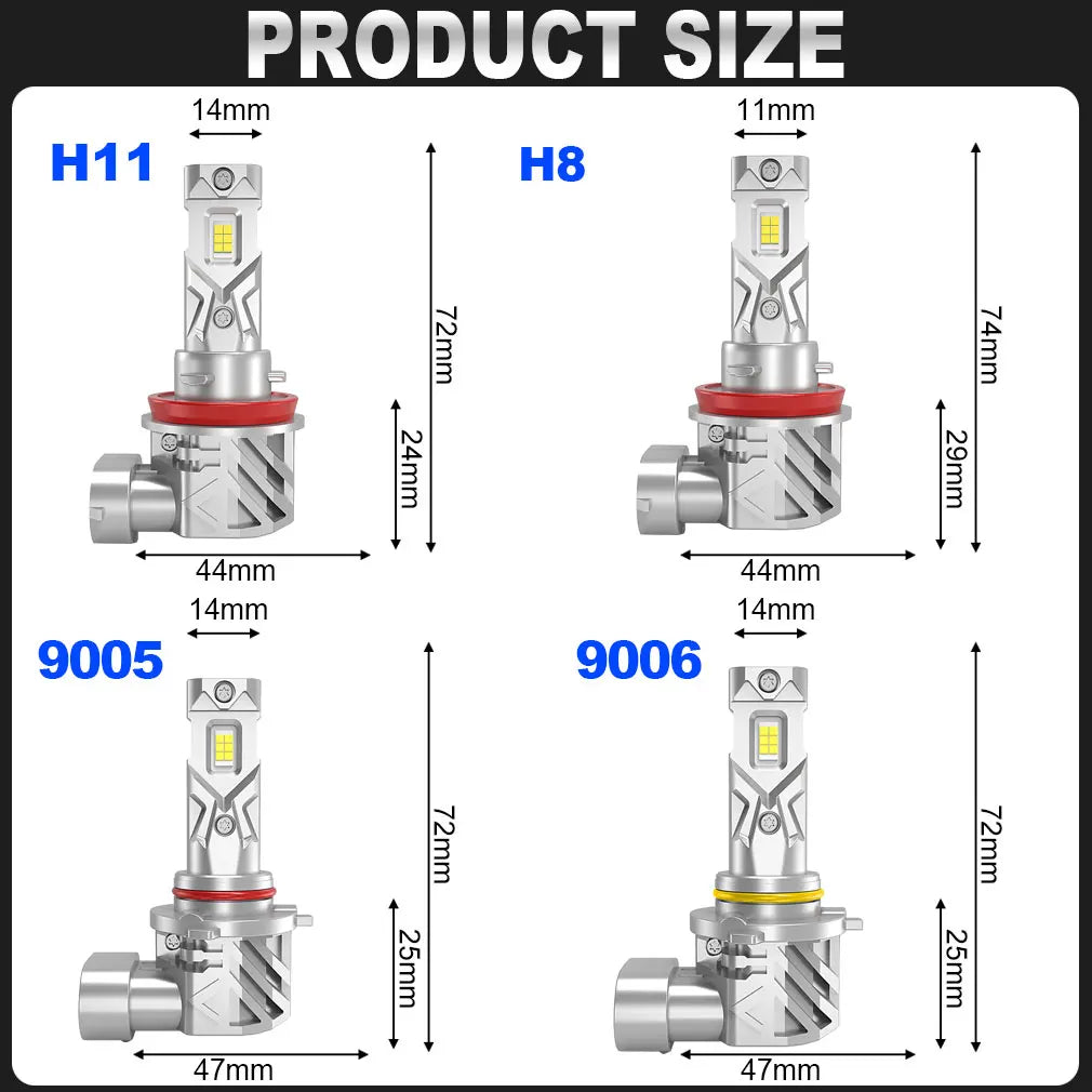 Diagram showing the physical sizes of H11, H8, 9005, and 9006 LED headlight bulbs.