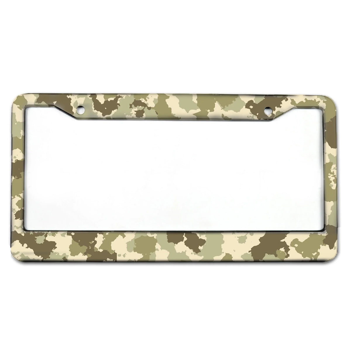 A rectangular license plate frame with a camouflage pattern for US cars.