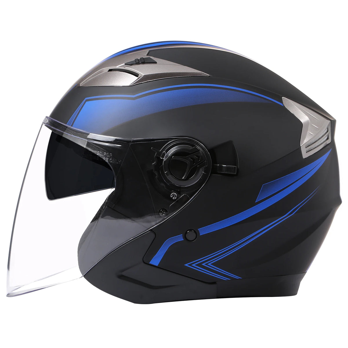 A black and blue DOT approved motorcycle helmet shown in a profile view.