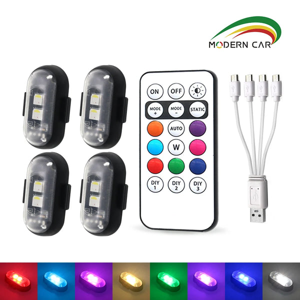 A set of multi-function rechargeable wireless car LED lights in various colors and modes.
