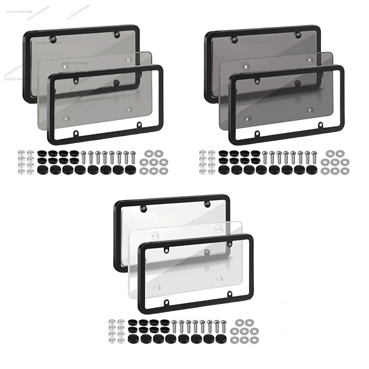 A set of license plate protectors for US and Canada vehicles, shown in various finishes and with mounting hardware.