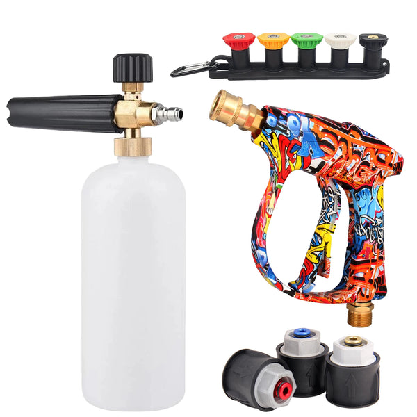 A high-pressure water gun assembly showing the pump, a trigger, and various colored nozzles for cleaning and detail work.