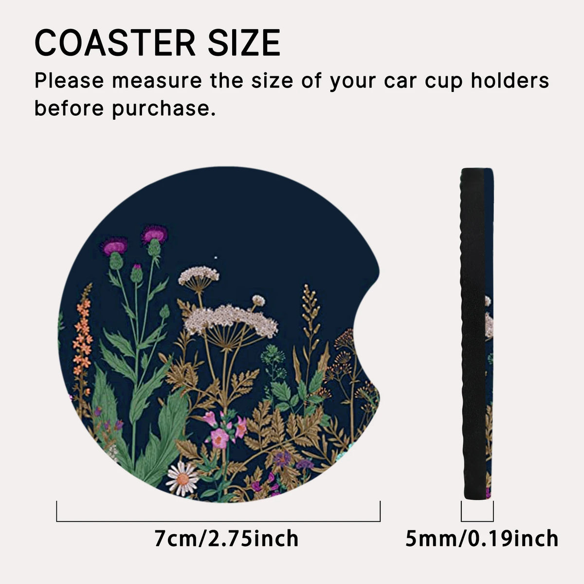 A dark blue coaster featuring floral and botanical designs, shown next to a measuring scale.
