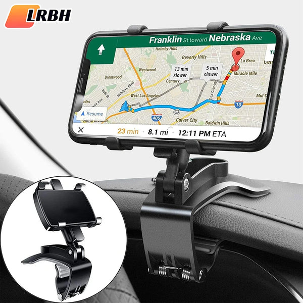 Sujetador universal para teléfono de coche negro que gira 360°, instalado en el interior del vehículo.