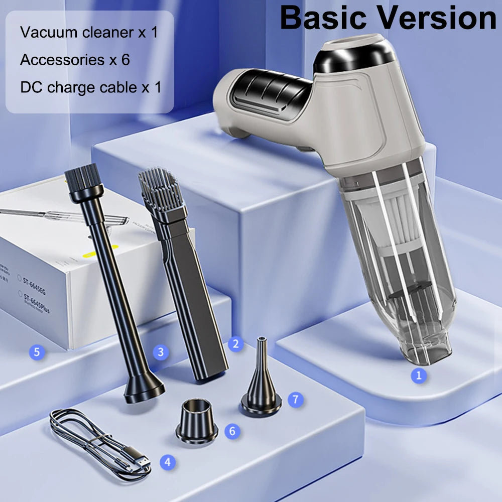 A basic version of a high-power wireless handheld vacuum cleaner is shown with accessories and a DC charge cable.
