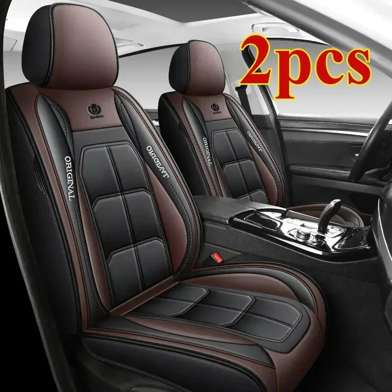 Two sets of brown and black car seat covers shown in a vehicle interior.