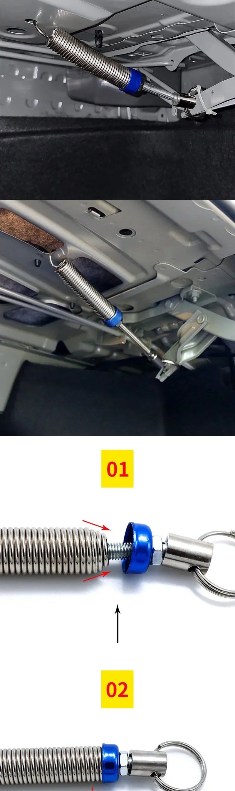 Gros plan d'un composant de levage à ressort métallique avec un col bleu et un anneau métallique, montré en contexte d'instal