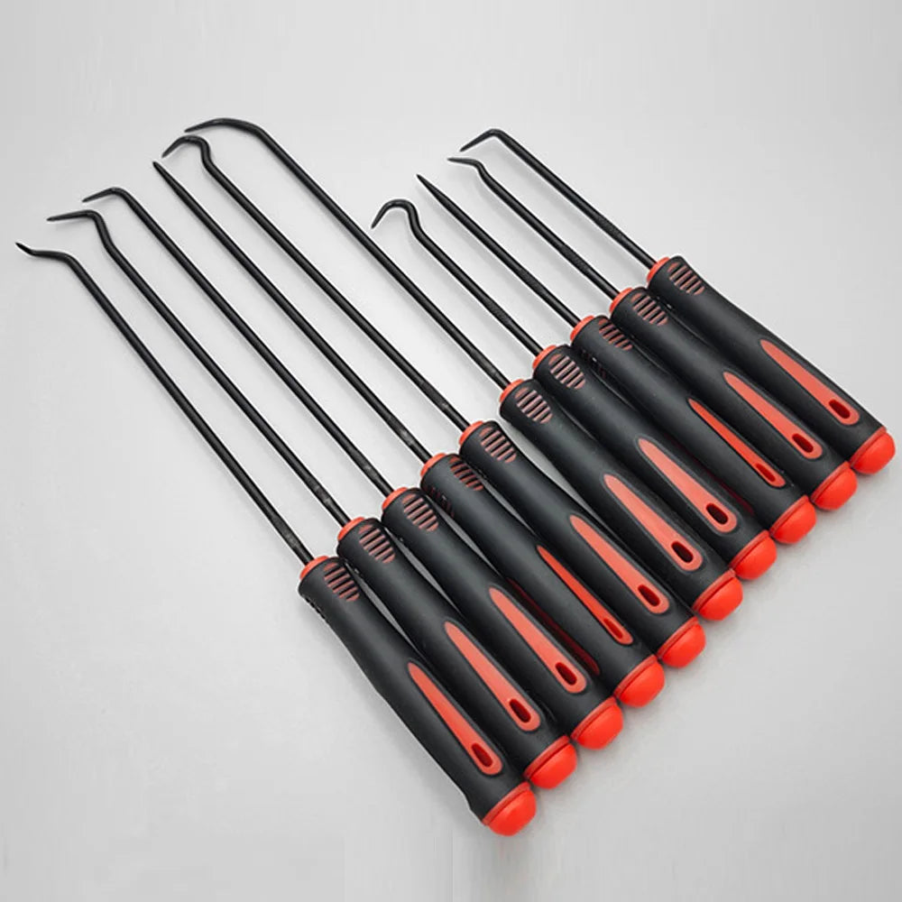 A set of black and orange precision oil seal and O-ring removal hooks.