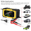 A yellow digital battery charger unit is shown with various applications including cars, motorcycles, boats, and lawn mowers.