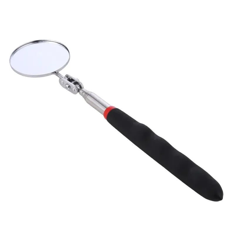 Extendable inspection mirror with a silver handle and black grip.