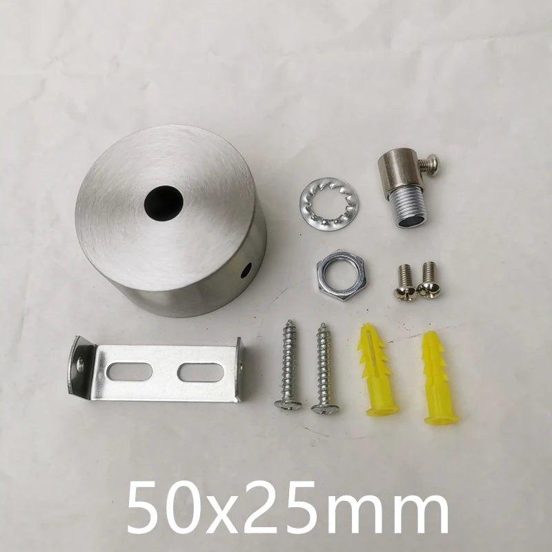 Various stainless steel hardware including a cylindrical piece, rings, and various screws and rods.