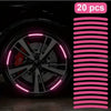A close-up view of a black wheel with pink reflective decals and a quantity indicator showing 20 pieces.