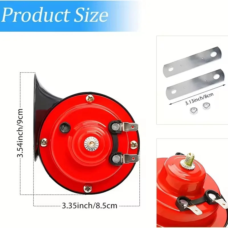 A red 12V waterproof snail horn product with mounting plates shown in a top-down view.