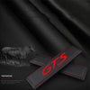 A black genuine leather seat belt protector cover is shown against a dark background with a silhouette of a cow.