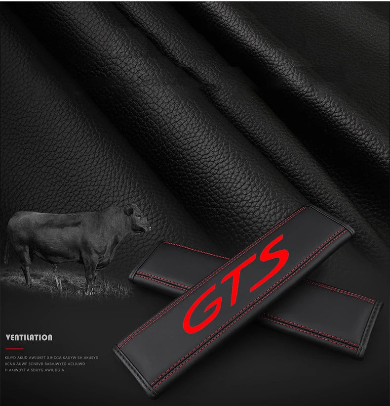 A black genuine leather seat belt protector cover is shown against a dark background with a silhouette of a cow.