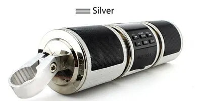Silver motorcycle Bluetooth speaker system with FM radio and USB features