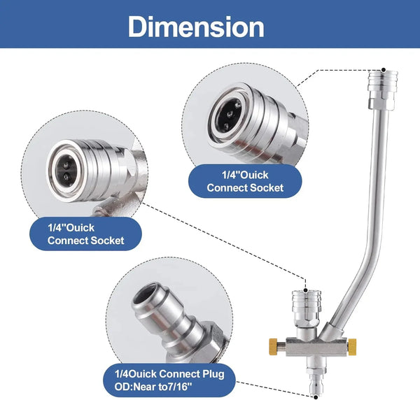 Diagram showing different sizes of 1/4 and 1/4" quick connect sockets and plugs for a pressure washer foam cannon adapter.