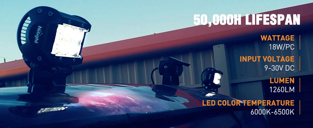 Barre LED d'éclairage haute intensité montée sur toit de véhicule, avec spécifications comme une durée de vie de 50 000h et 1