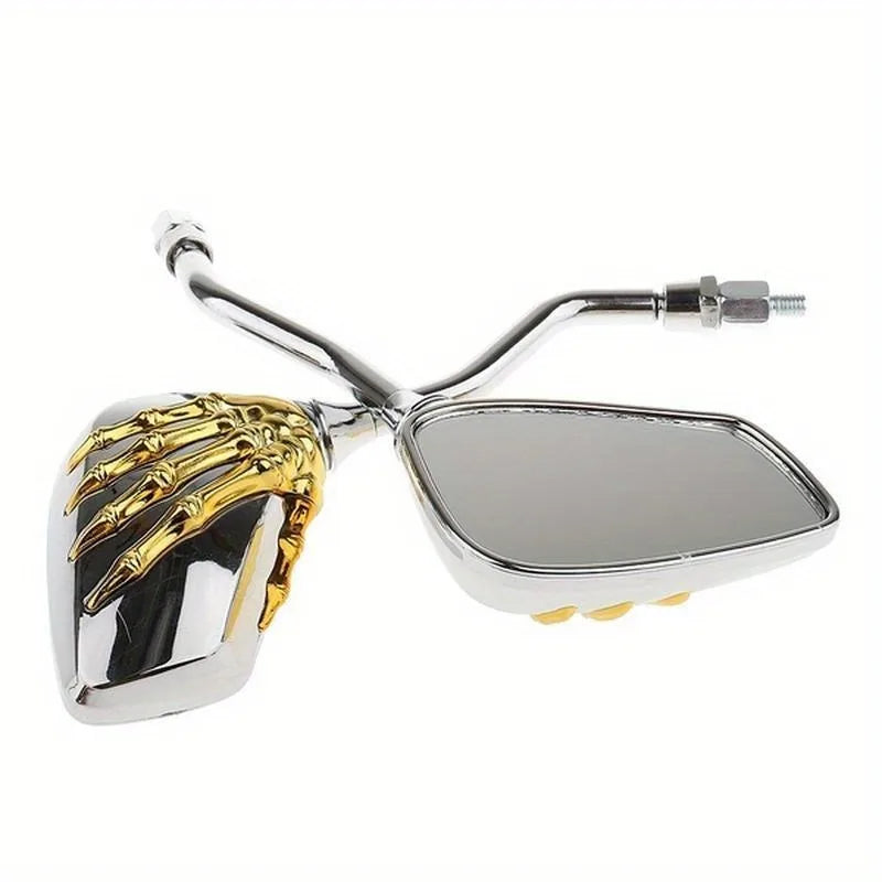 A chrome universal motorcycle rear view mirror set with a gold-colored grip and mounting hardware.