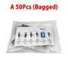 A bag of 50 pieces of universal auto fastener clips for trim and body repair with identification labels