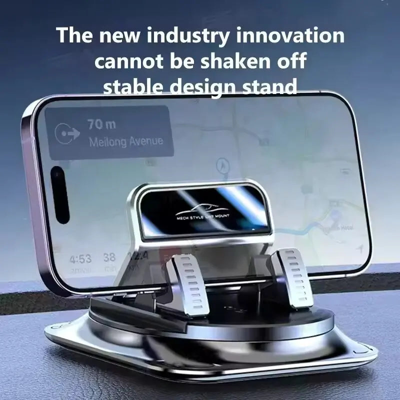 A silver phone mount designed to hold a smartphone, featuring a stable design stand for car use.