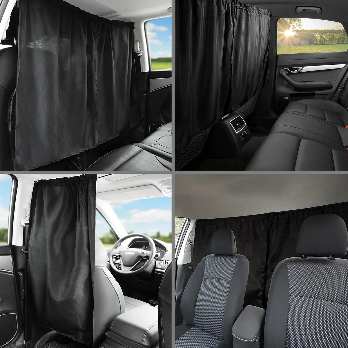 Cortinas negras de privacidad cubriendo las ventanas del interior de un coche.