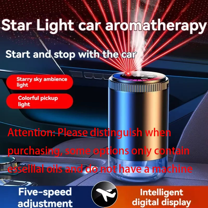 A silver car air freshener with a light feature is shown on a car dashboard.