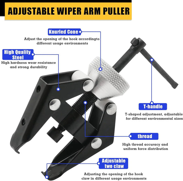 Adjustable wiper arm puller tool made of steel with a knurled cone and T-handle for removing wiper arms.