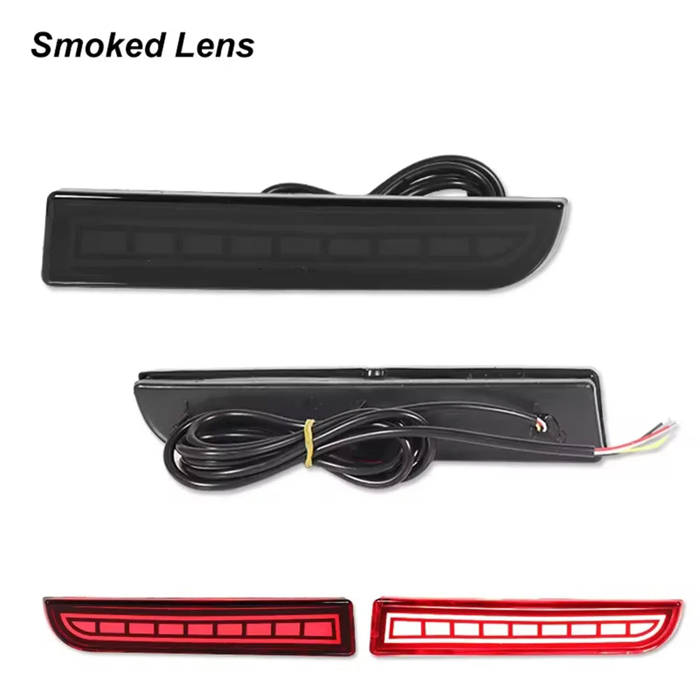 Black smoked lens LED rear bumper reflector lights with sequential turn signal for Mitsubishi Lancer, Evolution X, and Outlan