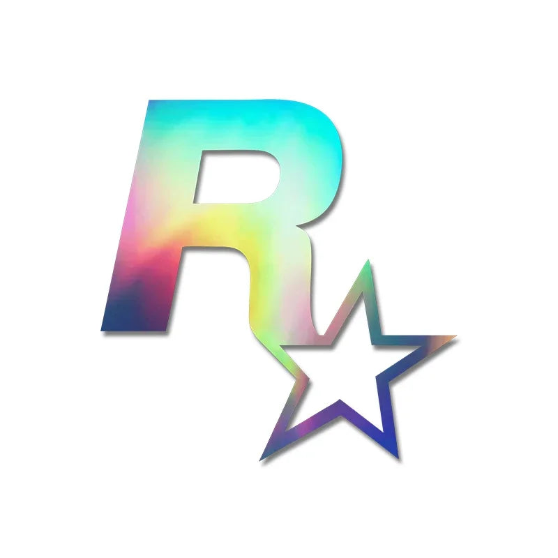A colorful, iridescent letter R and a five-pointed star decal for vehicles.