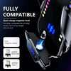 A close-up view of a magnetic phone charger with RGB lighting and various adapter options.