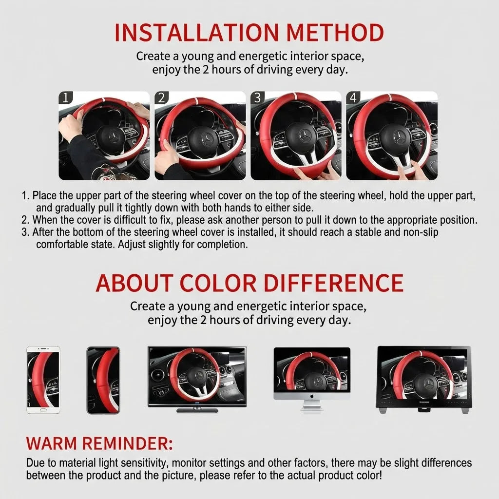 Installation method showing how to install a premium Napa leather steering wheel cover on a car steering wheel.