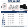 Tabla de guía de tallas mostrando dimensiones para fundas de motocicleta y scooter en varios tamaños, de M a 4XL