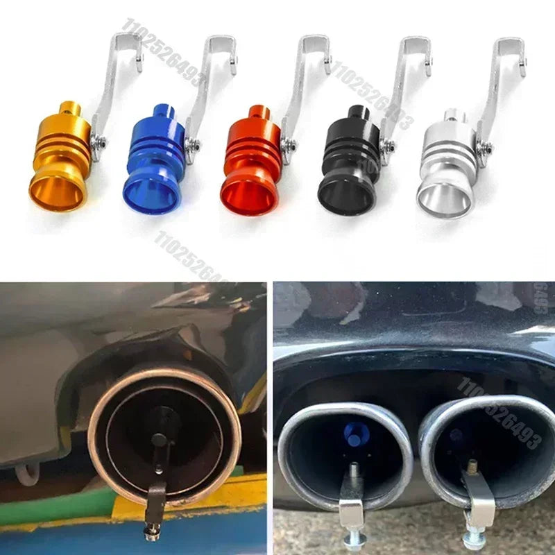 A set of turbo sound simulator whistles for car exhaust, showing various metal and plastic components.