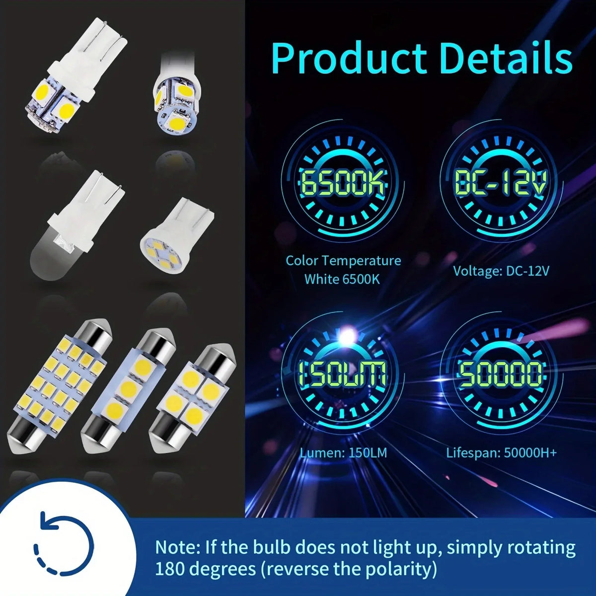 Product details showing white 6500K LED bulbs with 150LM lumen and 50000h lifespan