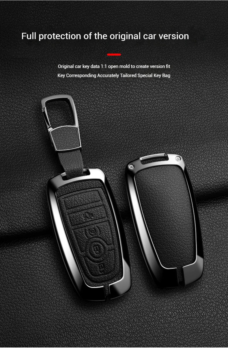 A black aluminum alloy key fob cover is shown next to its original key, emphasizing full protection.
