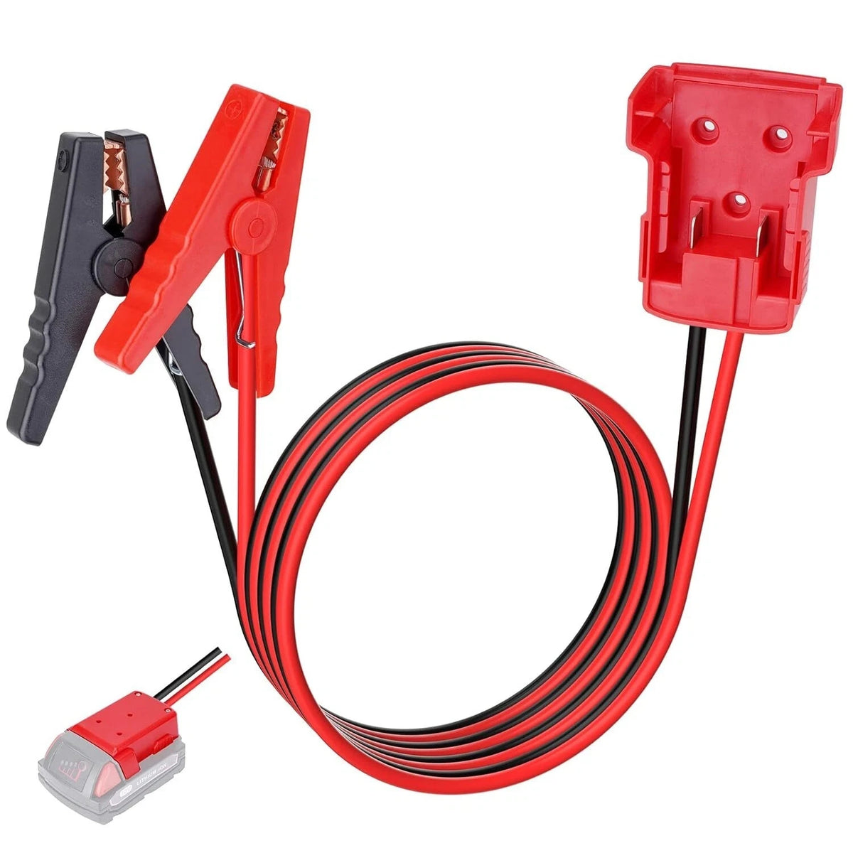 Câble de démarrage rouge robuste avec pince et connecteur pour outils 18V.