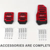 A set of red sports pedal covers and various aluminum mounting pins for car pedals.