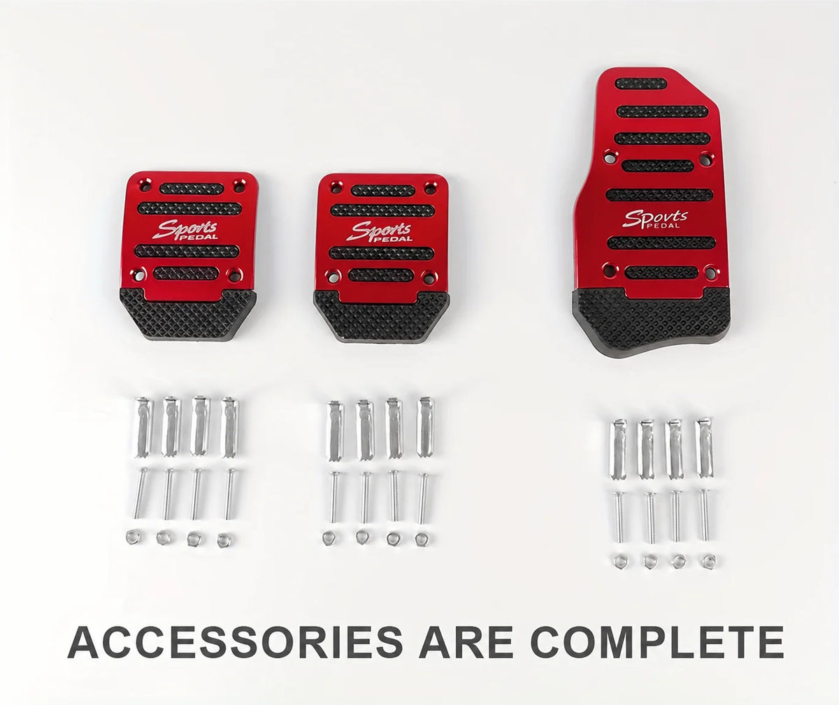 A set of red sports pedal covers and various aluminum mounting pins for car pedals.