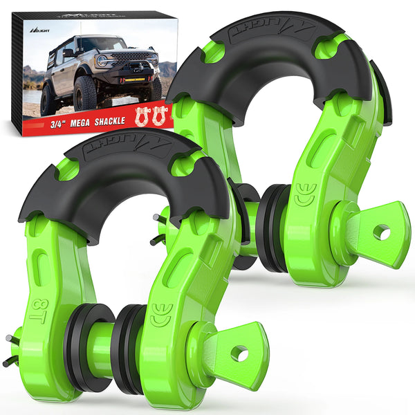 A bright lime green heavy-duty D-ring recovery shackle and its packaging are shown.
