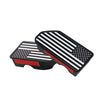 A pair of black and white striped truck bed rail hole plugs featuring an American flag design.