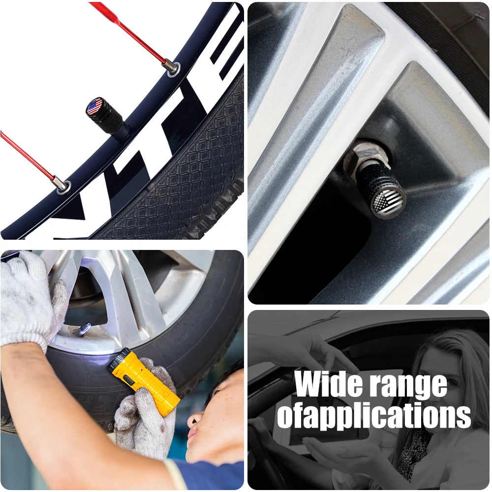 Close-up views of American flag aluminum tire valve caps and a yellow tool used for installation.