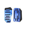 A pair of blue and black aluminum car pedal covers for sports pedals.