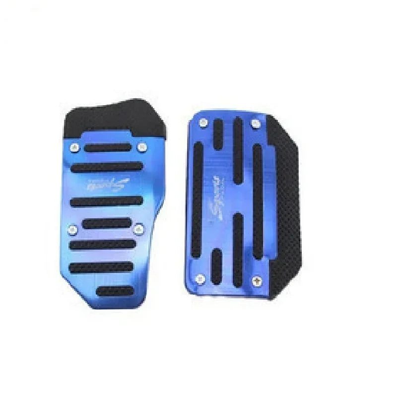 A pair of blue and black aluminum car pedal covers for sports pedals.